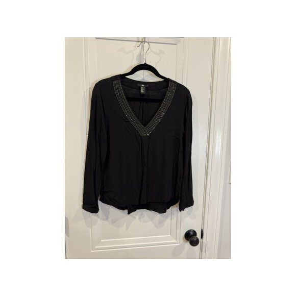 H&M Black Embellished V-Neck Blouse Size 10 EUC - Picture 2 of 5